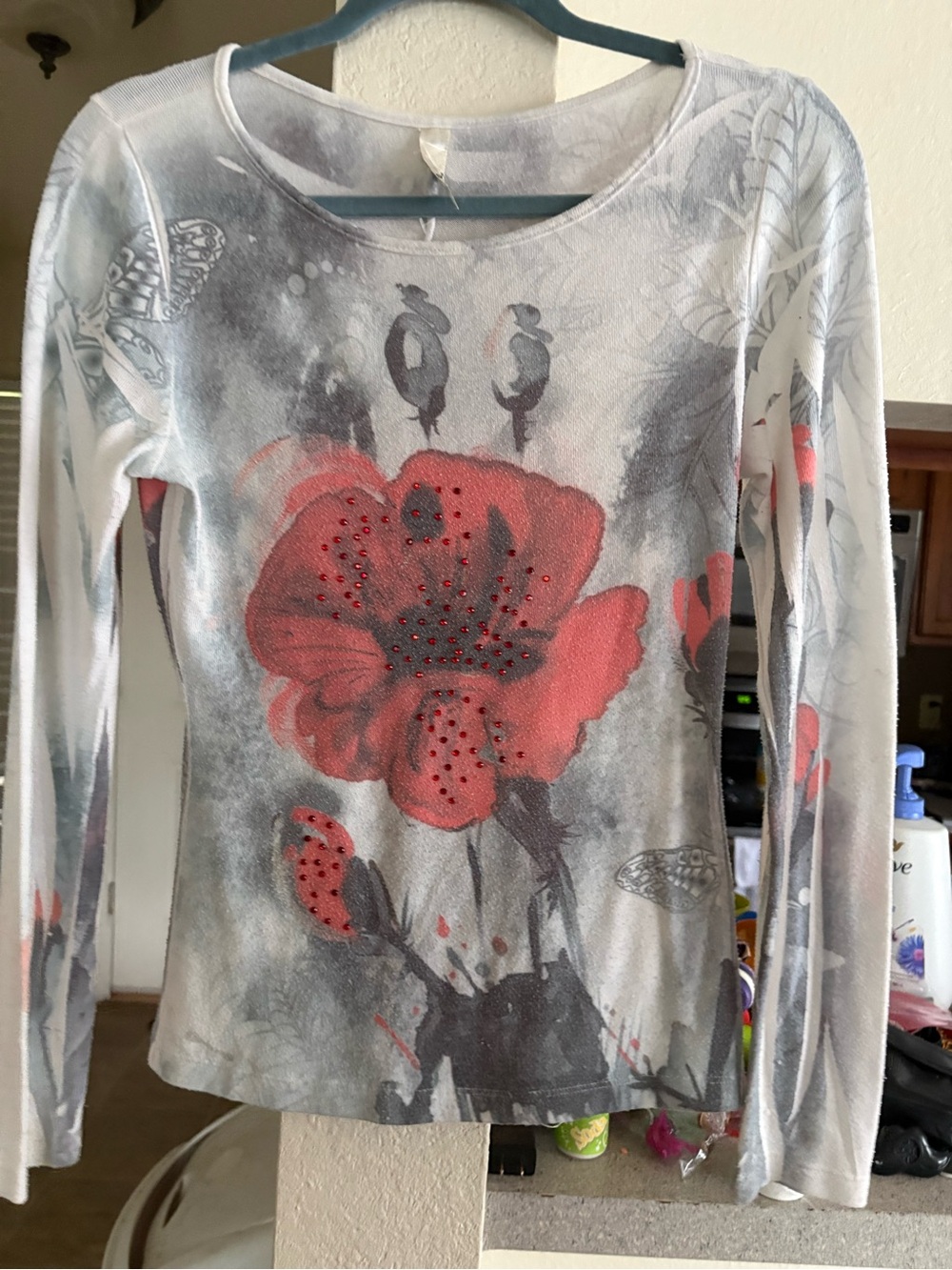 Long-Sleeve Floral Accent Tee in Coral and Gray